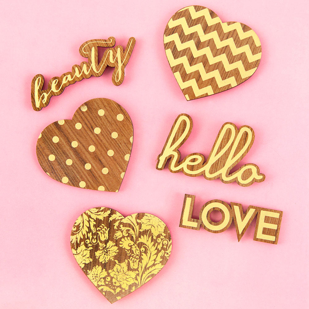 Prima - Wood Icons with Gold Foil Accents - Hearts and Phrases