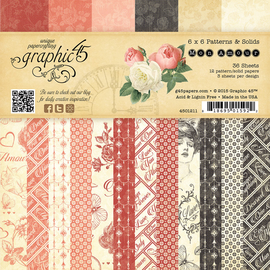 Graphic 45 Mon Amour Collection 6 x 6 Pattern & Solids Paper Pad