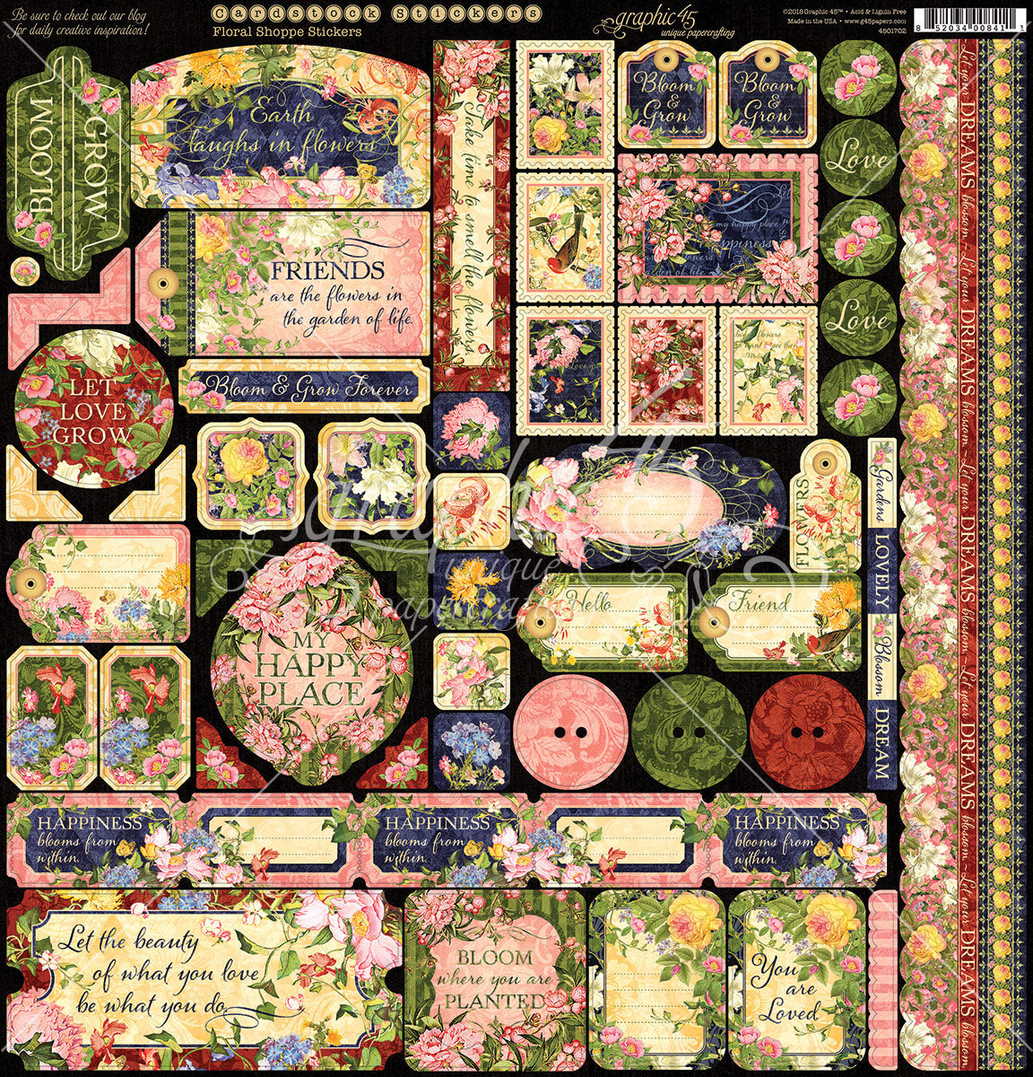 Graphic 45 Floral Shoppe 12 x 12 Sticker Sheet